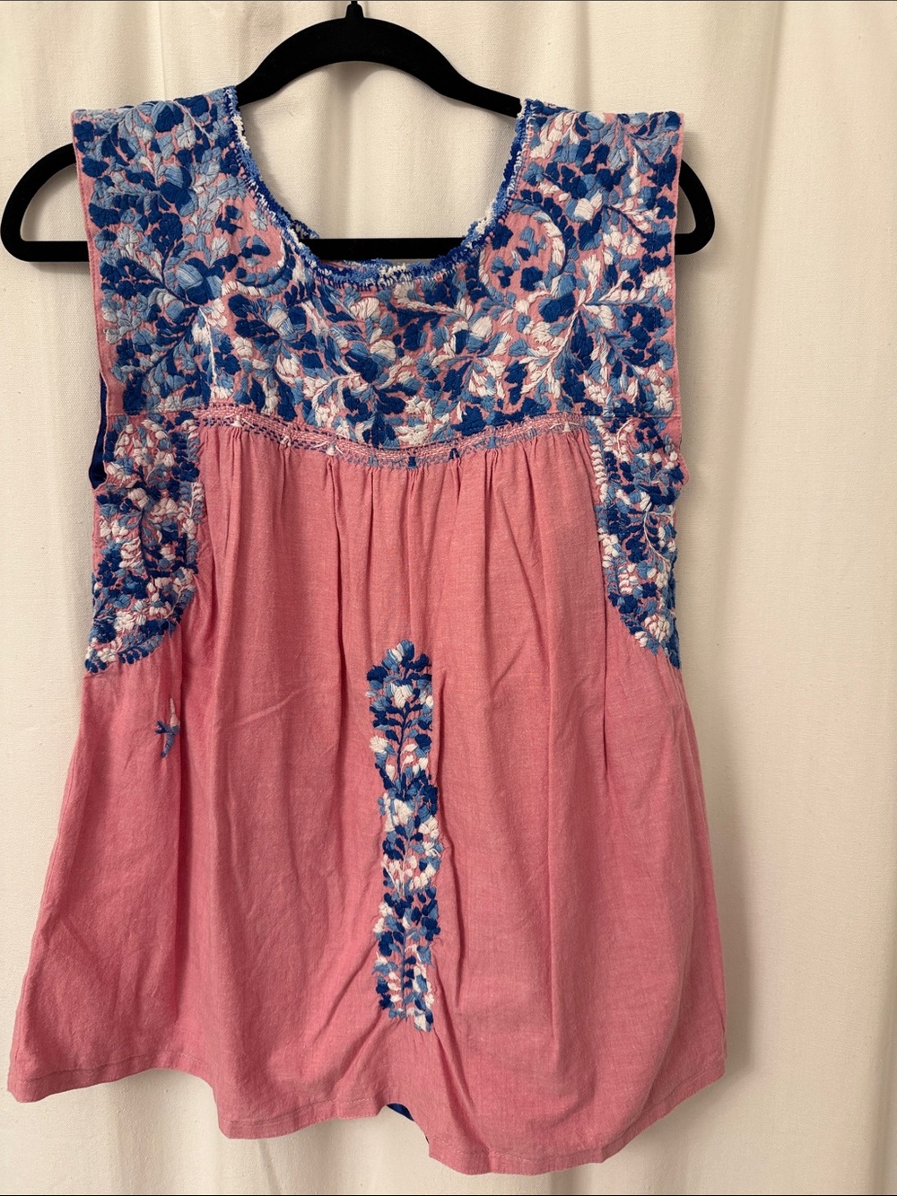Mi Golondrina Pink Top with Blue Floral Embroidery Panel